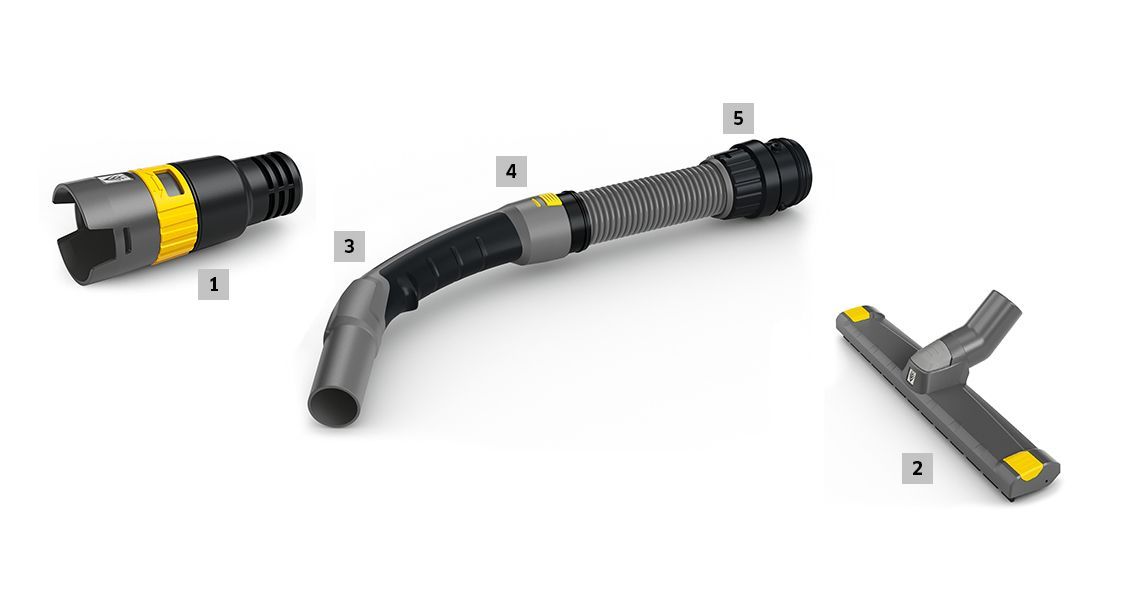 Overview of accessories of a Kärcher wet/dry vacuum.