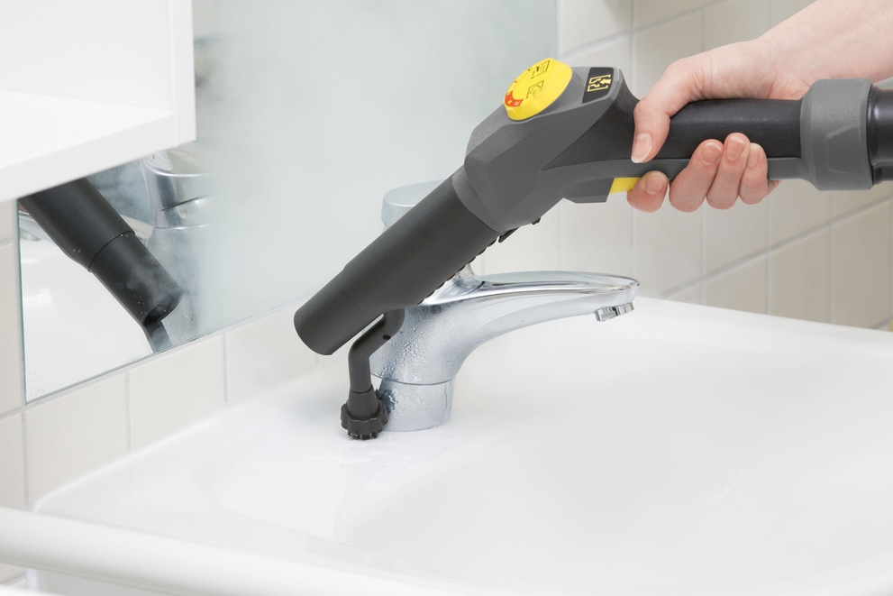 Adapter and Brushes Steam cleaning around a bathroom sink