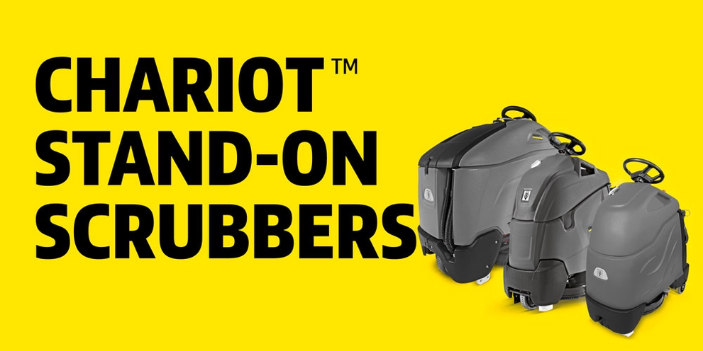 Chariot Stand-On Scrubbers Illustrated image of Chariot Stand-On Scrubbers.