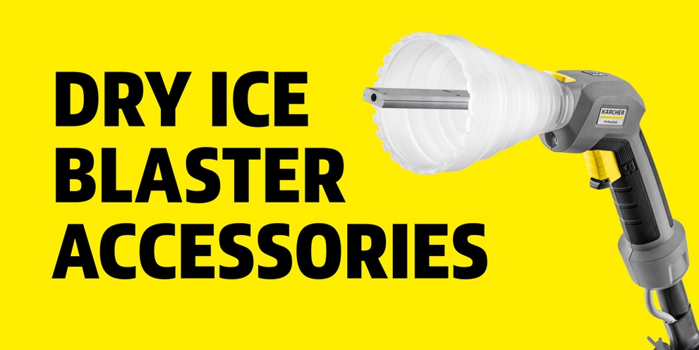 A dry ice blaster trigger gun next to the words Dry Ice Blaster Accessories.