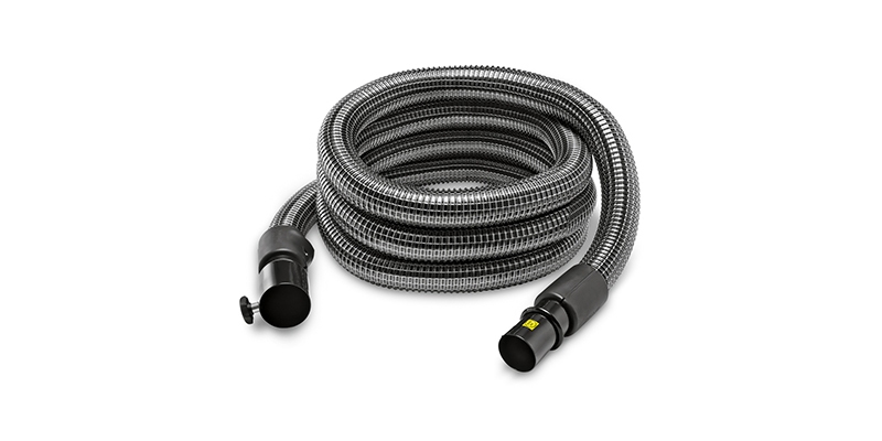Industrial-Grade Hoses A product photo of a coiled Kärcher suction hose.