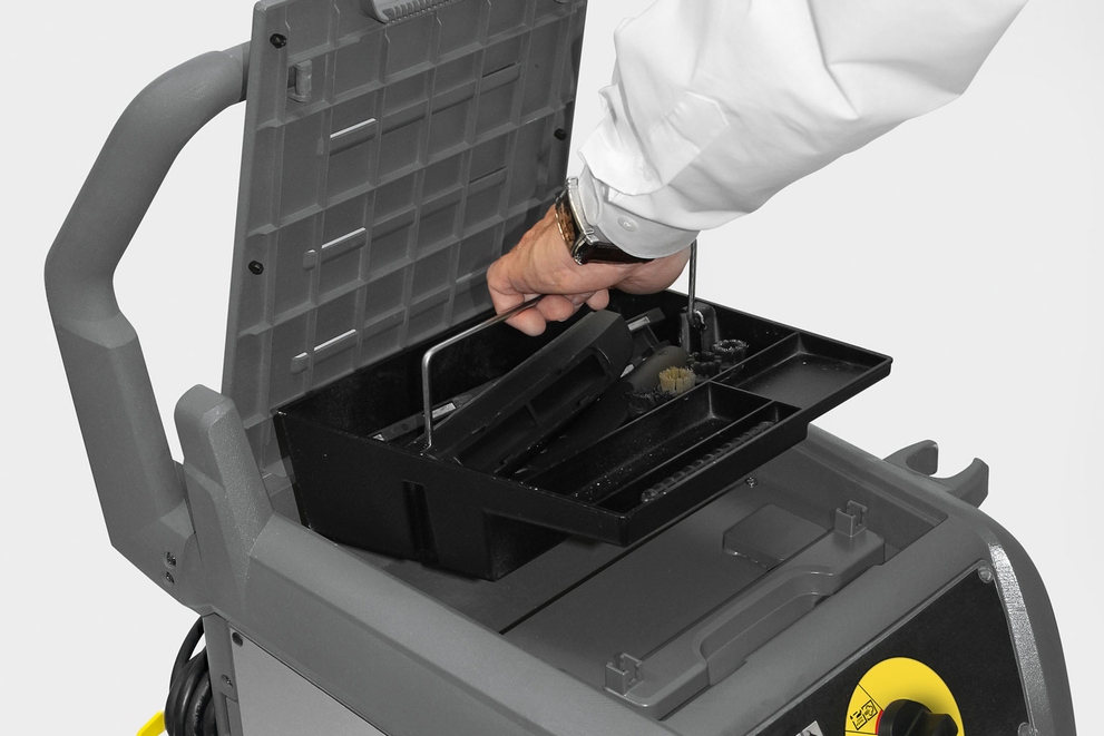 Perfectly Integrated Accessories Accessory storage is located at the top of the steam cleaner.