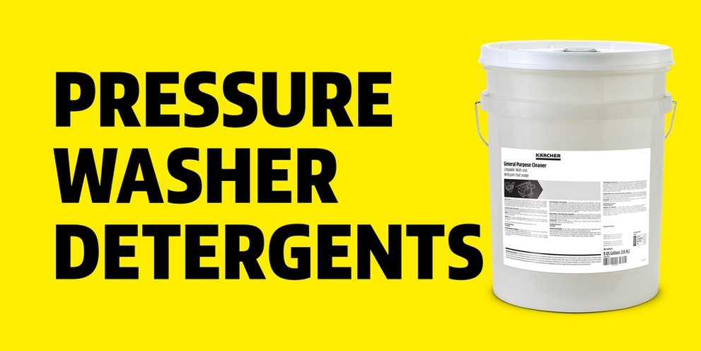 A 5-gallon bucket of Kärcher General Purpose Cleaner next to the words Pressure Washer Detergents.