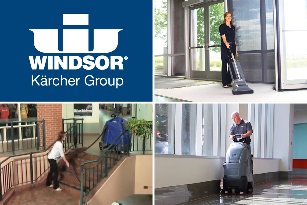 Windsor Kärcher Group's logo next to three images of workers using Windsor floor cleaning equipment.