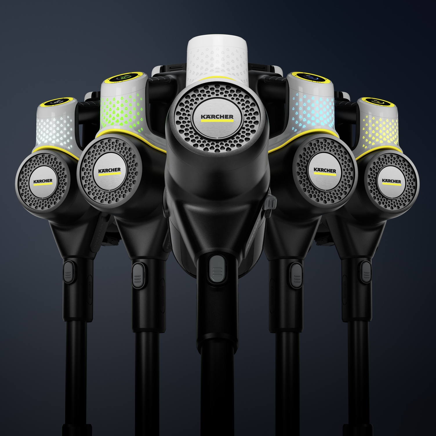 Versatile cleaning modes from eco!Mode to Boost mode Several handheld units from Kärcher battery-powered vacuum cleaners shown side by side, displaying different LED modes.