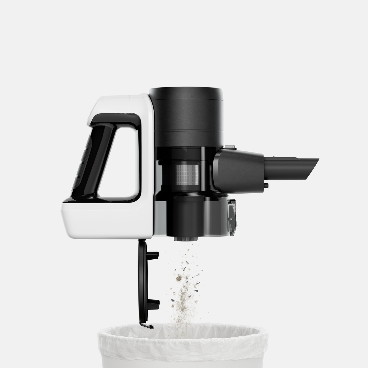 Easy, hygienic emptying at the touch of a button Open Kärcher waste container emptying dust into a bin without any contact with dirt.