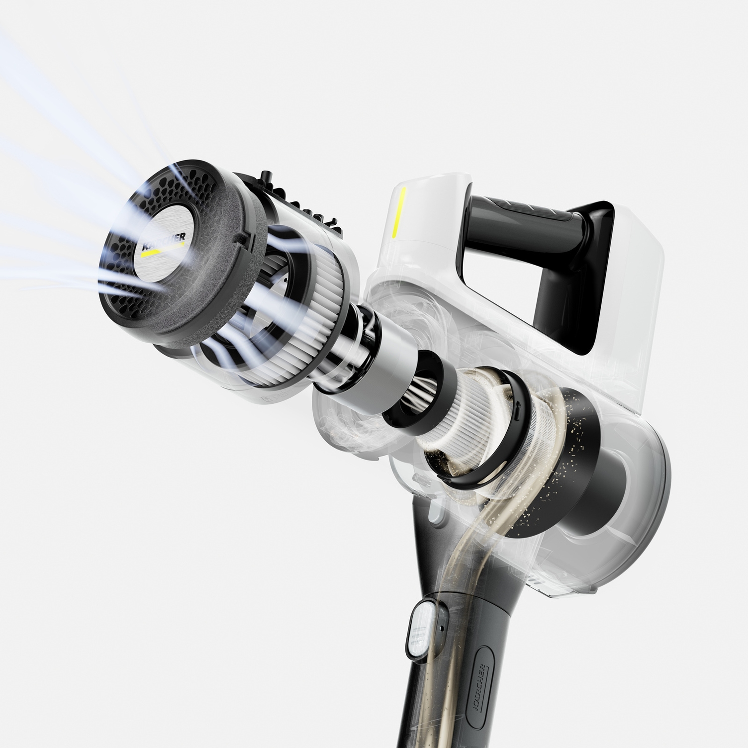 HEPA filtration for exhaust air that is 99.9% free from pollen and bacteria Cutaway view of the Kärcher battery-powered vacuum cleaner showing the multi-stage HEPA filter system for clean exhaust air.