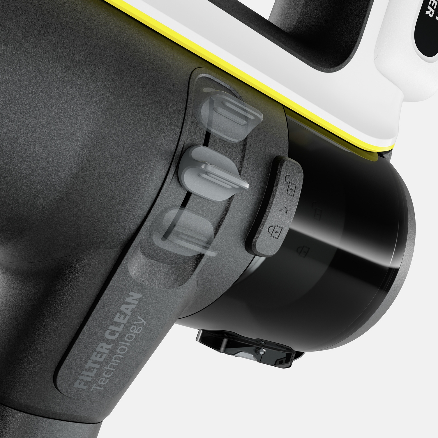 Contactless filter cleaning in just 3 movements Lever for contactless, hygienic filter cleaning on the Kärcher battery-powered vacuum cleaner.